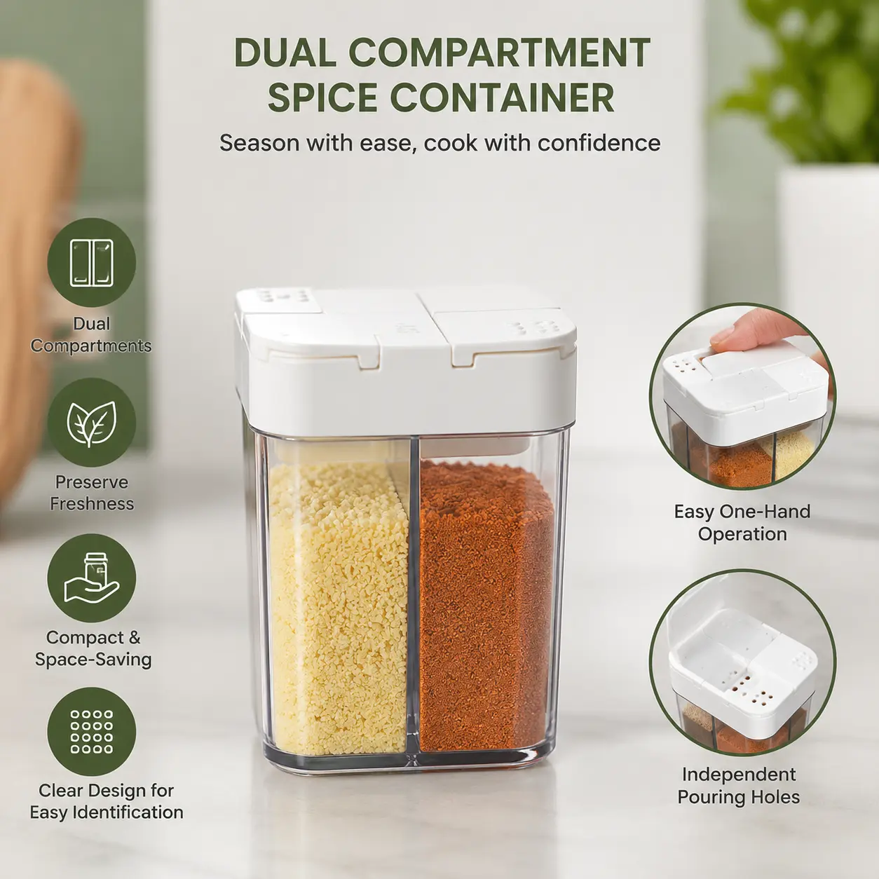 1 Count, Transparent Multi-compartment Spice Shaker, Clear Visible Body for Easy Dosage Check, for Home Kitchen Cooking Seasoning Storage