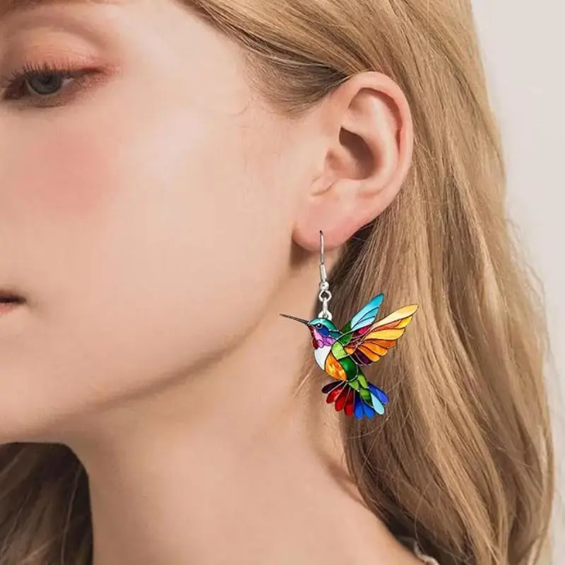 Women's Elegant 2D Hummingbird Design Acrylic Drop Earrings - 6.5cm/2.5'' Plastic, Smooth Chain, Stainless Steel Costume Jewelry for Engagement, Daily Wear, Party, Female, Wings Spread, Fashion