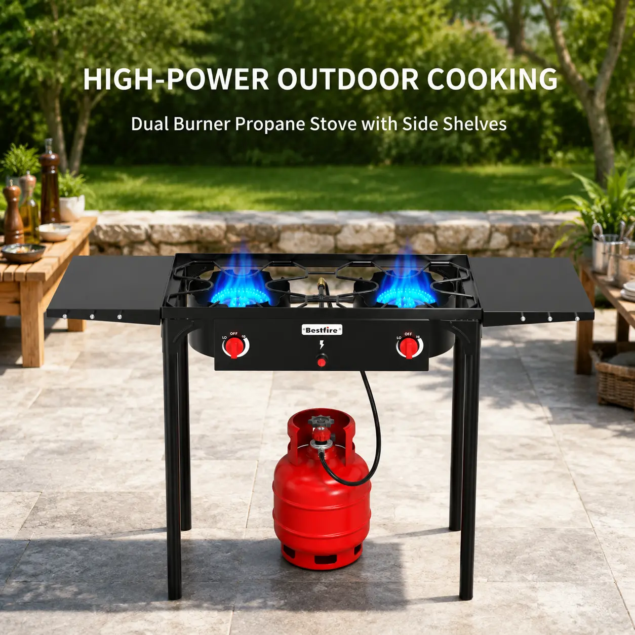 Bestfire 150K BTU Dual Burner Gas Stove, Heavy-Duty Cast Iron Portable Kitchen with Windproof Flame, Side Shelves & Removable Legs for Camping & BBQ turkey frying brewing patio cooking outdoor propane psi regulator picnic cooker