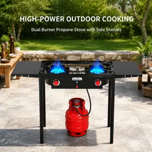 [SummerVibes] BESTFIRE 150000BTU 2-Burner Gas Stove with Side Shelves, Regulator & Removable Legs – Perfect for Backyard BBQ Camping Home Brewing Picnic & Turkey Frying outdoor barbecue cooking ignition Portable Propane