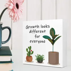 Plant Pattern Wooden Block Sign, 1 Count Plant & Motivational Wooden Sign, Desktop Ornament for Home Office, Inspirational Gift for Coworker Friend, Home Office Decor, Home Office Decoration