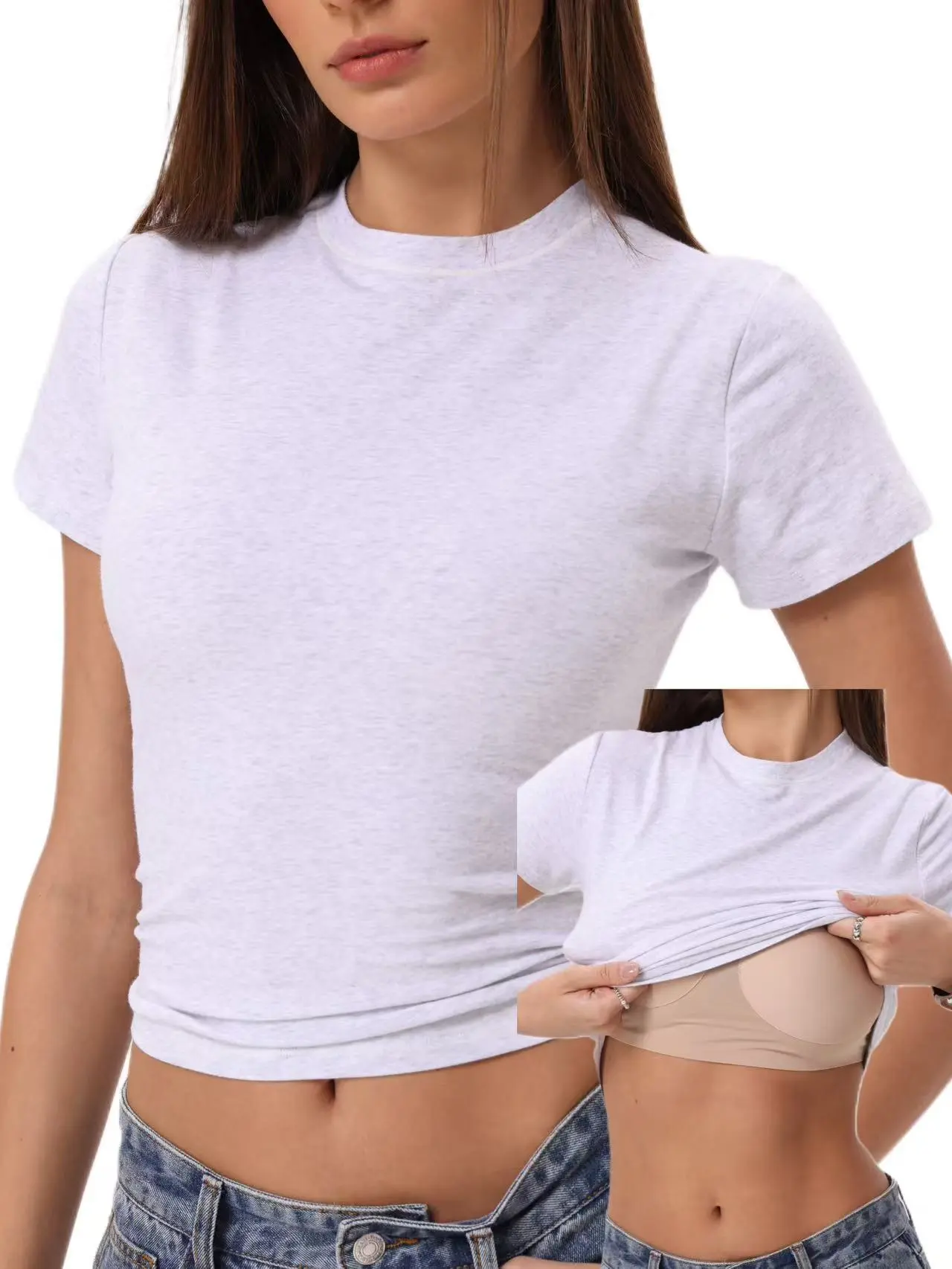 Danysu Built In Bra Solid Cotton Crewneck TShirt No See Through Stretchy Lightweight Fitted Everyday Basic Tops Gym Workout Casual Tee Minimalist Round Neck Women campingessentials
