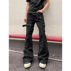 2025 Y2K Black Slim Flare Cargo Jeans – New Designer Style. Dark Streetwear Luxury, Unisex