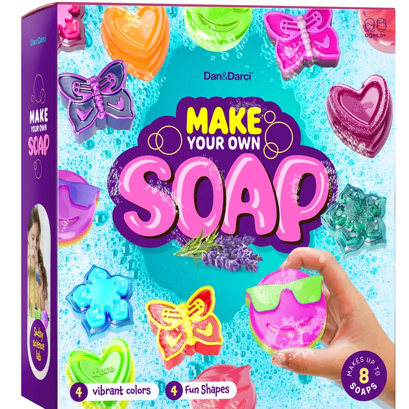 Dan&Darci Kids' DIY Soapmaking Kit for Ages 6+ - 4 Fun Shapes Molds, 4 Color Mix, Glitter Fragrance Add-Ons, STEM Bath Science Fun, Makes Up to 8 Soaps, Vibrant Supplies, 7×4×2 In