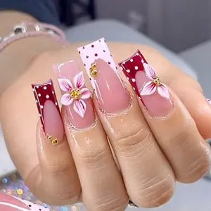24pcs Cute Polka Dot Press On Nails, Medium Square Full Cover Nails, Acrylic Tips with Nude Pink Base, Red French Tips, Hand-Painted Flowers & Gold Details. Reusable, Easy to Apply for Casual & Party Use Nail Design, Diy Nails Art
