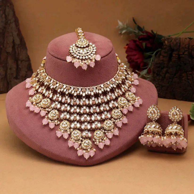 Waterfall Set with Jhumka Earrings & Tikaa Featuring Kundan Stones and Imitation Pearls - Elegant Design