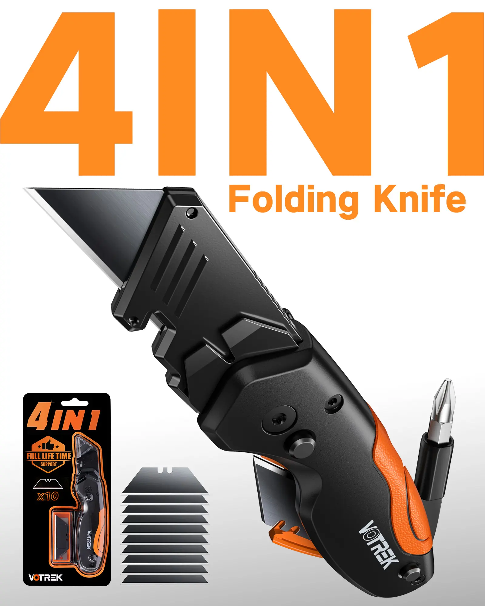 Votrek 4-in-1 Multitool - Screwdriver, Folding Pocket Utility Knife Box Cutter, Quick-Change Blade, Belt Clip Storage, Drywall Work Accessories, Unique Gifts for Man with 10 Extra SK5 Blades Included