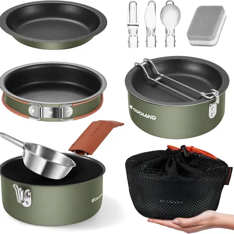 Odoland 10pcs Camping Cookware Non-Stick Camping Pot and Pan Set with Plate Bowl Fork Knife Spoon for Backpacking, Hiking, Outdoor Cooking and Picnic