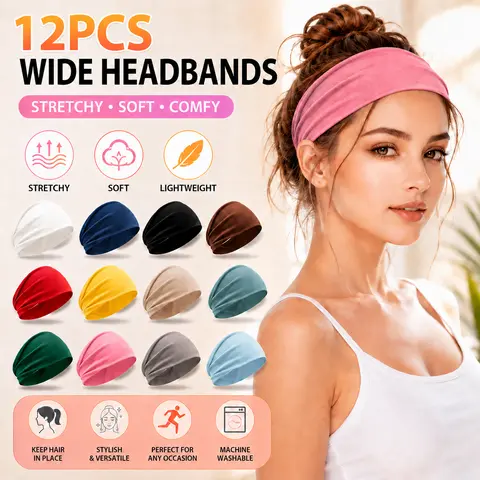 Women's Universal 12-Pack No-Slip Elastic Fashion Headband Set, Polypropylene Sports Headbands for Workout & Daily Use, Accessories for Women & Gym Accessories