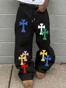 Colorful Crosswind Wide Leg Pants, Multi-Color Cross Element Print, Contrast Design, Casual Spring & Fall Fashion, Daily Wear