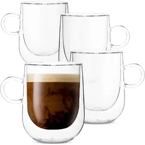 BTT- Double Wlled Glss Coffee Mugs, 12 oz, Set of 4, Glss Coffee Cups with Hndle, Insulted Cler Coffee Mug for Hot nd Cold Beverges, Cppuccino, Ltte, Te, mericno, Microwve Sfe