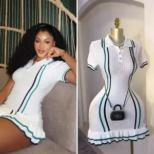 New French Retro Collar Knitted Dress for Women - High Waist Slim Fit with Ruffled Hem, Elegant for Dating & Office