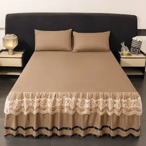 3pcs Pure Color Polyester Bedskirt Set, Includes 1 Bedskirt and 2 Pillowcases, Lace Edge, Suitable for Single Twin Full Queen King, Bedding Supplies, Bedding Accessories