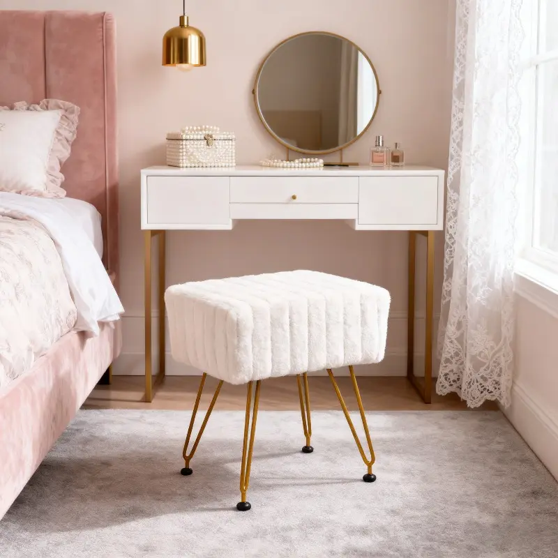 Ins-Style Teen Girl High-Aesthetic Vanity Stool, Bedroom Makeup Chair Dorm Home Stool, Soft Cushioned Stool, Thickened Sturdy Durable Comfortable, Home Beauty Dressing Essential