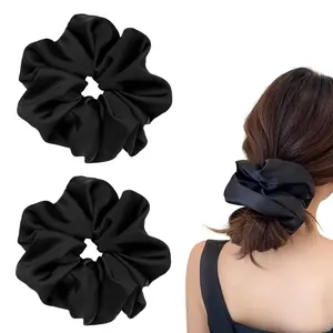 2 count  Satin Silk Scrunchies for Women 7.5 Inches Large Oversize Scrunchies For Thick Hair Ties Hair Ornament (2 Black)