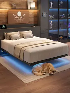 【SummerVibes】ONBRILL LED Floating Bed Frame, Queen Bed Frame with USB & AC Power Outlet, Heavy Duty Metal Platform Bed, No Box Spring Needed, No Noise, Easy Assembly, Bedroom Furniture, Stylish Furniture