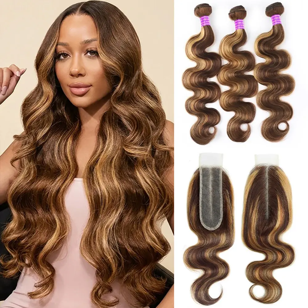 P4/27 Highlight Body Wave Hair Bundles with 2x6 Lace Closure, Long Brazilian Virgin Human Hair for Female, 12-28 Inch, Dyes to Dark Colors, Lasts 6+ Months
