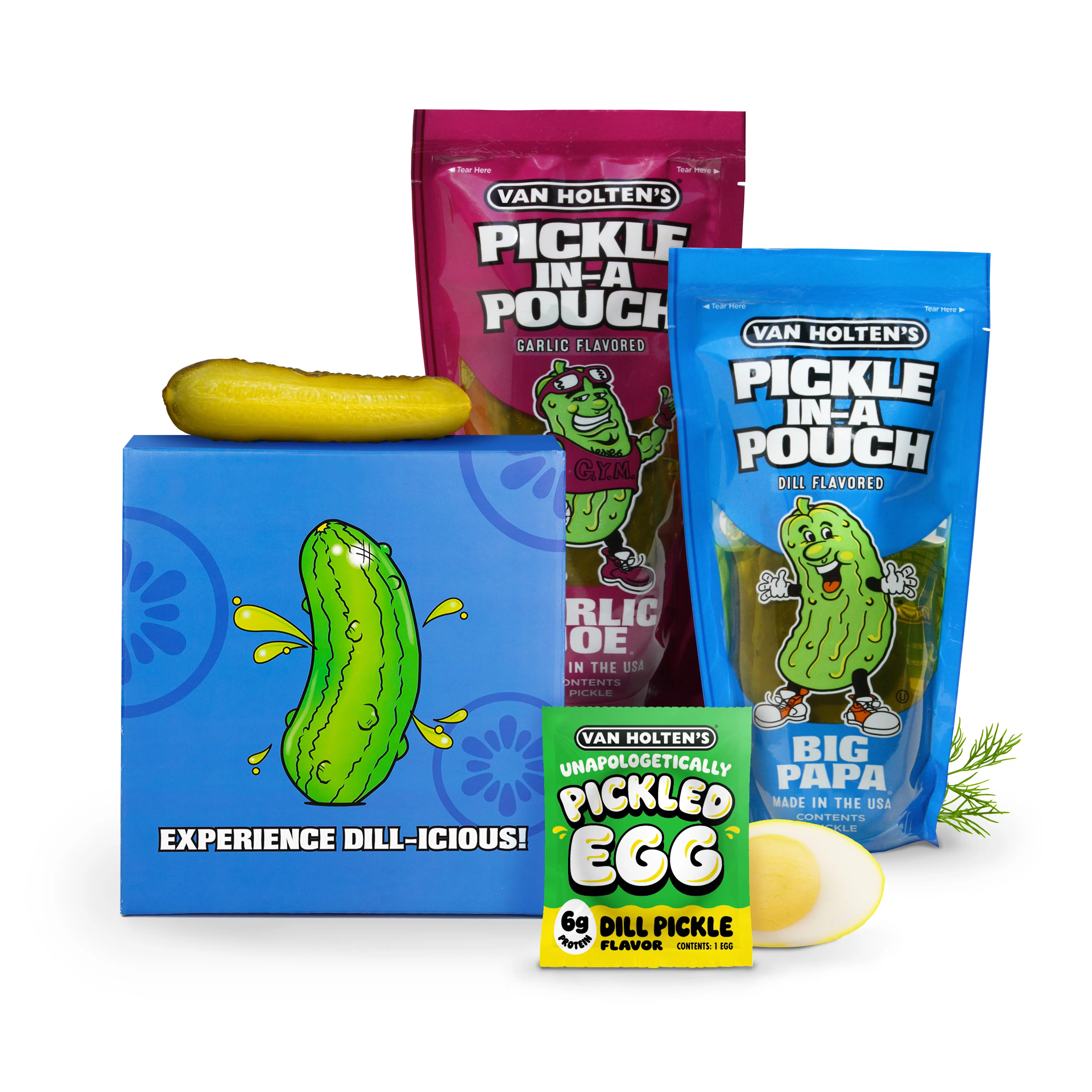 Van Holten's Pickle Kit featuring (1) Van Holten's Big Papa Pickle in-a Pouch, (1) Van Holten's Garlic Joe Pickle in-a Pouch and (2) Van Holten's Unapologetically Pickled Dill Eggs