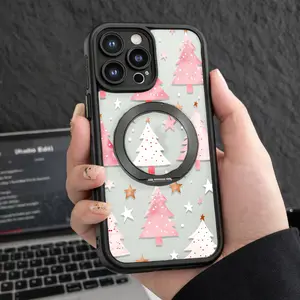 Christmas Tree Phone Case With Pop Socket Ring Light Pink And White Trees Stars And Snowflakes For Iphone 17 16  Air Plus  Max pro other model lovely  slim shockproof cover pocket-friendly cellphone cover  protective soft tpu holiday best gift xr