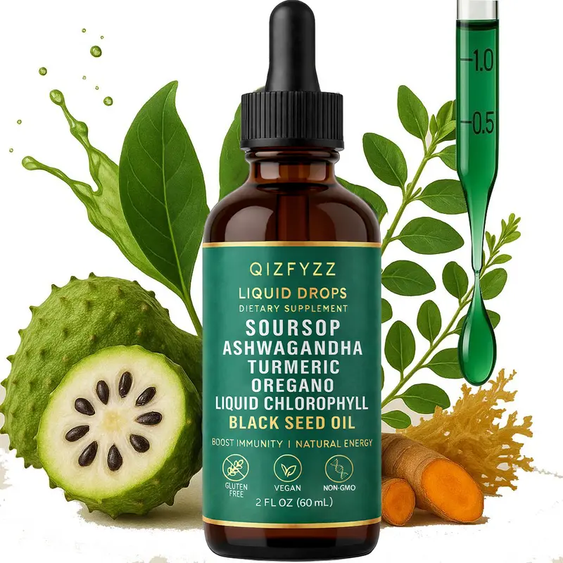 qizfyzz 10-in-1 Soursop Bitters Herbal Drops with Nori, Moringa, Turmeric, Oregano, Ashwagandha & Black Seed Oil | Vegan, Non-GMO Liquid Supplement | 2 fl oz