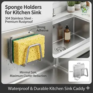 304 Stainless Steel Silver Kitchen Sink Sponge Organiser, Strong Adhesive Mount Rack, Premium Rustproof Waterproof Small Pot & Sponge Holder - Minimal Size