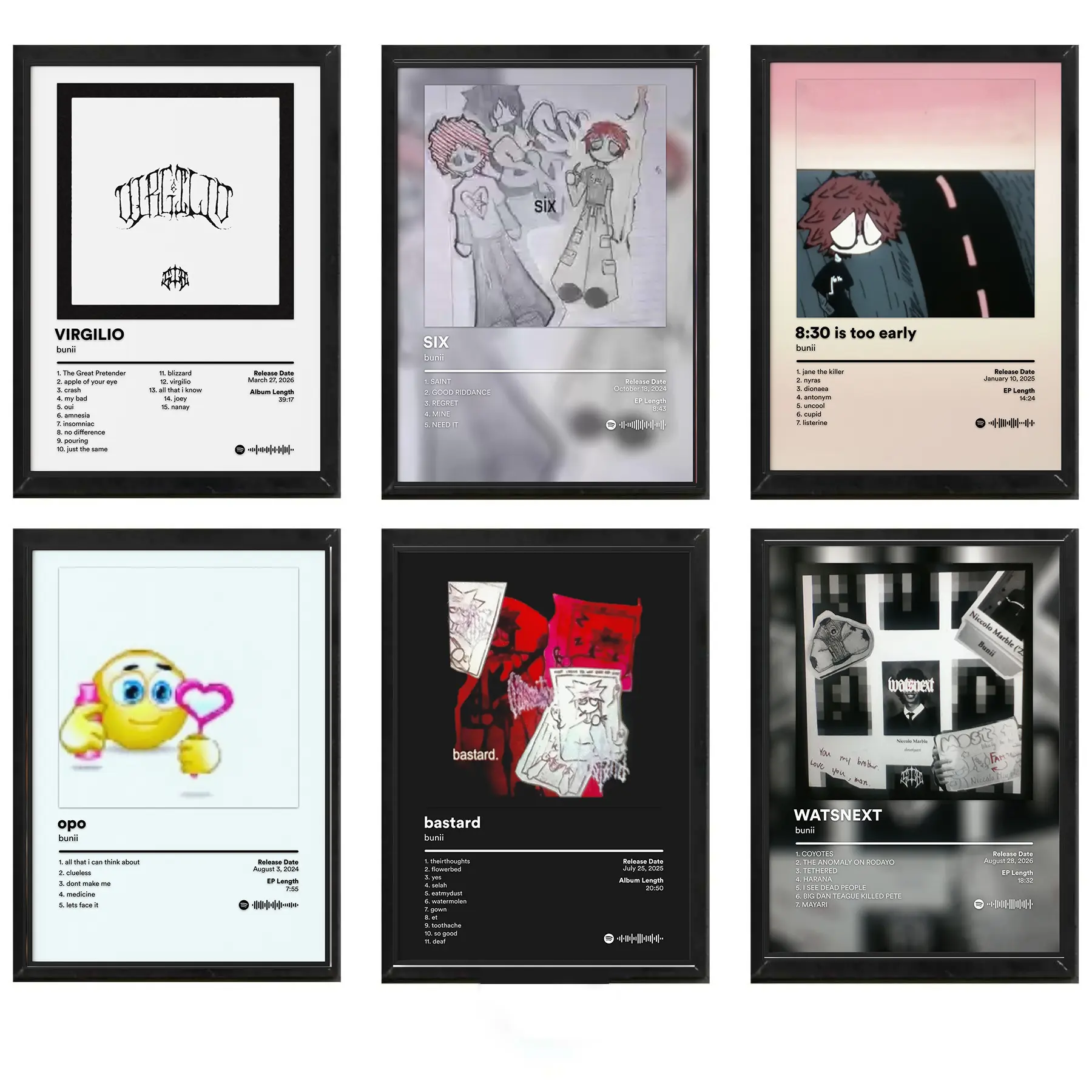 SET 6 Bunii Album Cover Wall Art Poster HD Print Unframed Aesthetic Room Home House Modern Wall Decor Trendy Gift.