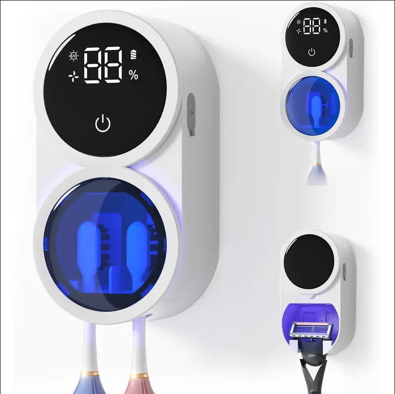 Wall-Mounted UV Light Toothbrush Sanitizer Holder for Bathroom - Automatic Auto-Inductive Cover, 140°F Warm Air Drying, Adjustable Fit for Electric/Manual Toothbrushes, Space-Saving Self-Cleaning Storage, Pad