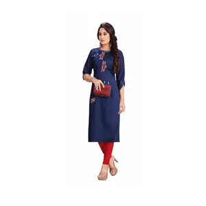 MODEL-BSHZ2 Elegant Straight Kurti with Red & Silver Embroidery.