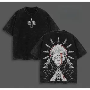 Sukuna T-Shirt Jujutsu Kaisen Anime Graphic Tee King of Curses Ryomen Sukuna Oversized Acid Washed Cotton Shirt Streetwear Casual Menswear Anime Merch Gift for Anime Fans Jujutsu Kaisen anime merchandise