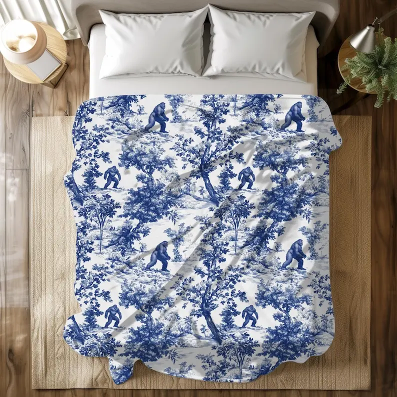 Bigfoot Sasquatch French Toile Blanket, Velveteen Blue Toile de Jouy Cozy Throw for Bigfoot Enthusiast French Country Blanket Cryptid Lovers