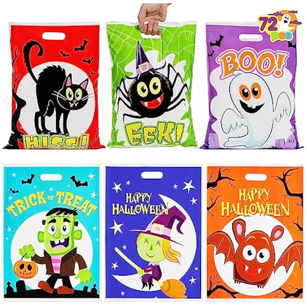 JOYIN 72 PCS Halloween Candy Bags for Trick or Treat, Plastic Goodie Gift Bag with 6 Designed Characters for Kids Party Favors, Treat Party Supplies