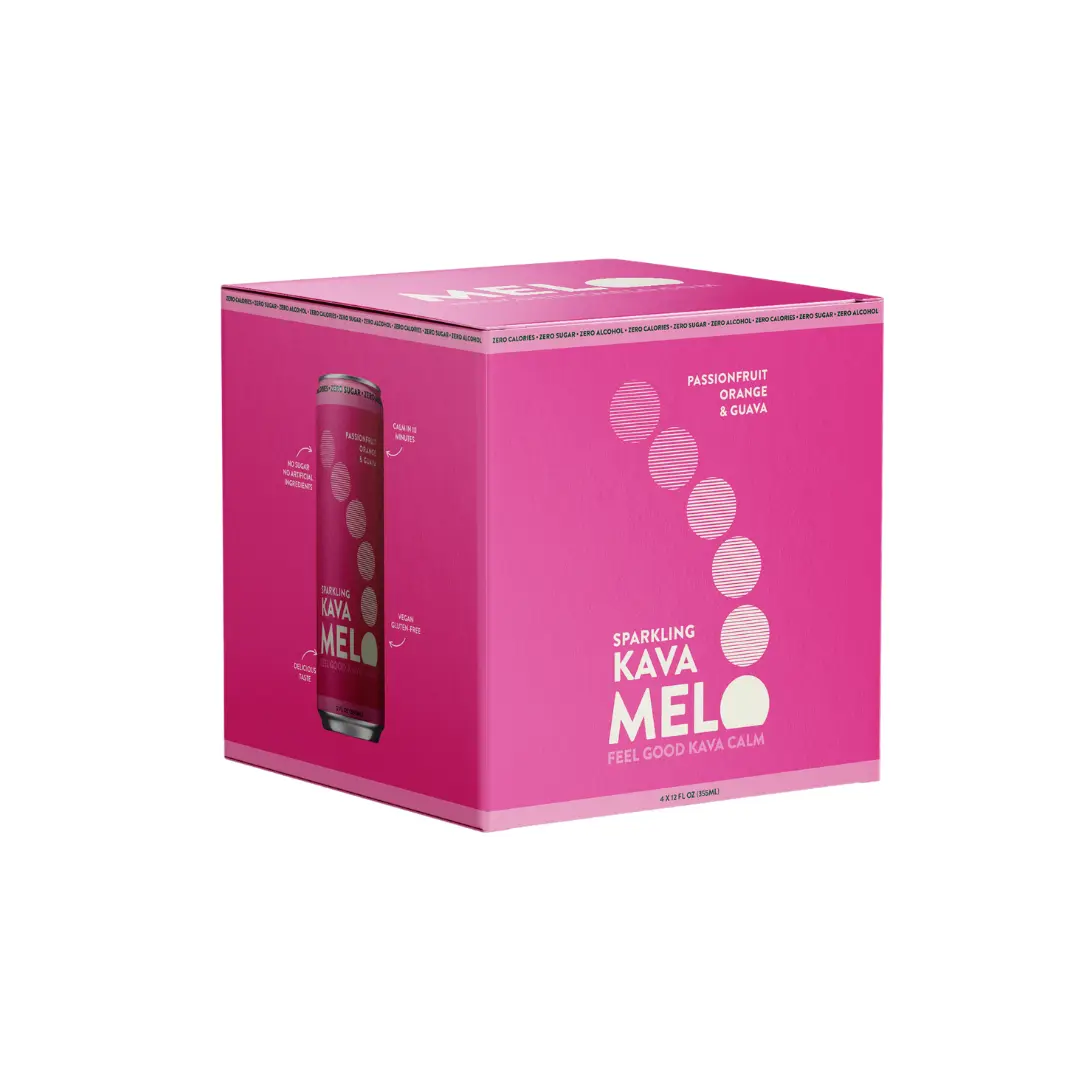 Melo 4-Pack Sparkling Kava Beverage - Passionfruit, Orange & Guava Flavors - Sugar-Free, Non-Alcoholic, 0-Calorie, Gluten-Free, Vegan Mocktail - 1000mg Kava Root Extract Blend per 12 oz Can - 100% Natural