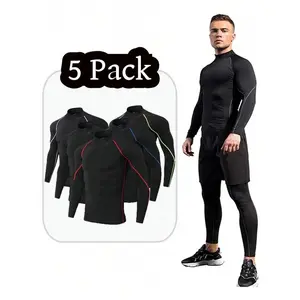 5Pack Boyfriend Style Men's High Neck Fitness Long Sleeve Athletic Tight Top High Neck Compression Shirt