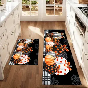 2Pcs Autumn Pumpkin Abstract Pumpkin Thanksgiving Halloween Floor mat set for farmhouse kitchen Home Decorative Rug restaurant floor laundry room decor carpet mat