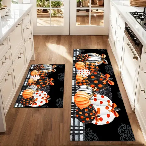 2Pcs Autumn Pumpkin Abstract Pumpkin Thanksgiving Halloween Floor mat set for farmhouse kitchen Home Decorative Rug restaurant floor laundry room decor carpet mat, Kitchen Rugs Mats, Kitchen Rugs Sets