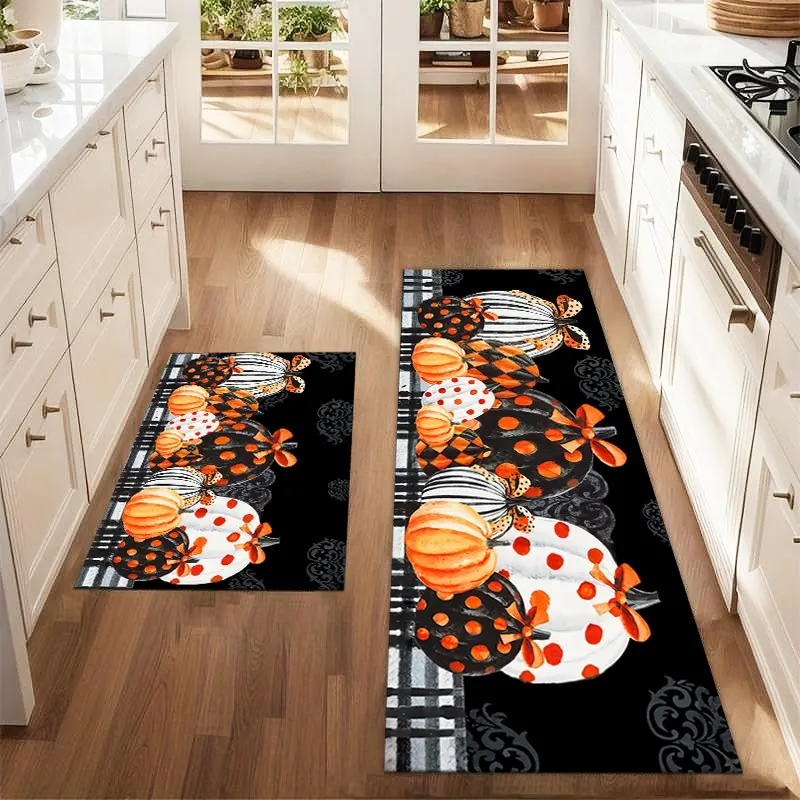 2Pcs Autumn Pumpkin Abstract Pumpkin Thanksgiving Halloween Floor mat set for farmhouse kitchen Home Decorative Rug restaurant floor laundry room decor carpet mat Kitchen Floor Rugs, Kitchen Rugs Mats
