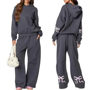 Women's 2 Piece Casual Outfits Long Sleeve Bow Print Hooded Tops Wide Leg Pants SetsGift