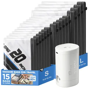 15 Pack Travel Vacuum Storage Bags with Wireless Rechargeable Pump,Reusable & Space Saver Compression Packing Bags for Clothes Bedding & Travel  Luggage and Suitcase Organiser,Seasonal Storage