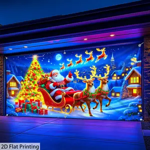 2D Flat Merry Christmas Reindeer Santa Gift, Polyester Garage Door Decoration, Multi-Purpose Holiday Decor, Home and Yard Ornament, Christmas Ornaments