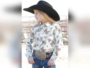 Girl's Cowgirl Western Print Snap Front Western Shirt - LIGHT BLUE