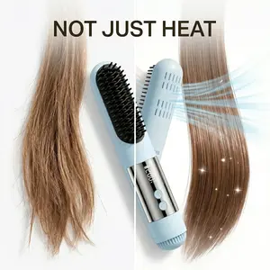 Cordless Ionic Hair Straightener Brush Portable Mini Comb Rechargeable Battery Powered Anti-Frizz Fast Heating Tool with LCD Display Cool Airflow Styler for Sleek Hair