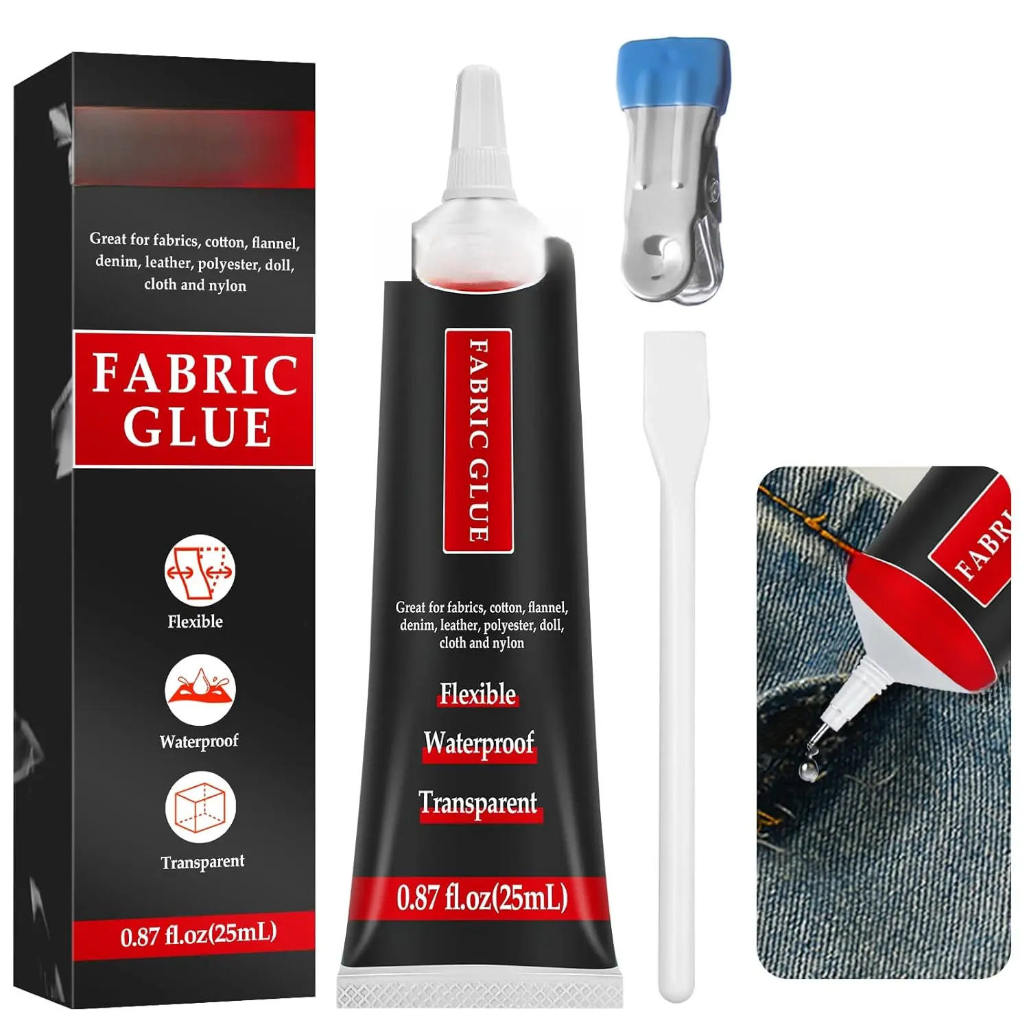 Fabric Glue, Permanent, Clear, Washable Adhesive for Clothing, Patches, Leather, Cotton, Denim, Polyester, Flannel, and All Fabrics (Fabric Glue 25ml)