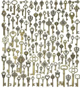125 PCS Vintage Skeleton Key Set Charms, JIALEEY Mixed Antique Style Bronze Brass for Pendant DIY Jewelry Making Wedding Party Favors
