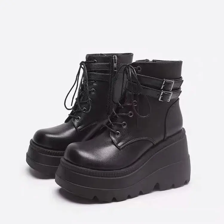 Women's Platform Combat Ankle Boots, Lace Up Buckle Strap Wedge High Top Booties, Side Zipper Chunky Sole Goth Punk Short Boots for Daily Streetwear Club Party