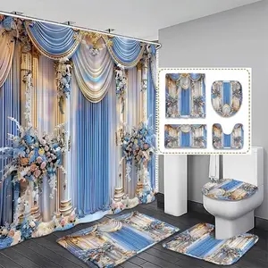 1/4 pcs Elegant floral pattern bathroom curtain set, festive design, non-slip floor mat, U-shaped rug, toilet seat cover, perfect for bathroom decoration, partition, beautify the space, 12 free shower curtain hooks, Bathroom Decoration Accessories