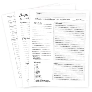 Printed Recipe Planner Refills for Workbook, Journal, Notebook (25 sheets)