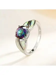 Mystic Multicolor Opal Ring,Silver Color Leaf Design Ring & White Opal,Unique Botanical Inspired Jewelry,October Birthstone Gift