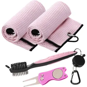 Golf Towel & Brush Set, Microfiber Towels for Golf Bags, Women's Golf Cleaning Kit with Ball Marker Divot Tool Brush, Pink