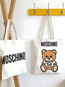 M-Moschino FASHION BRAND Storage Bags Canvas Double-Sided Print Tote Bag Large Capacity Shoulder Students Festive Fashion Eco Outdoor Picnic Travel High Quality Shopping Handbag Machine Washable Foldable Reusable