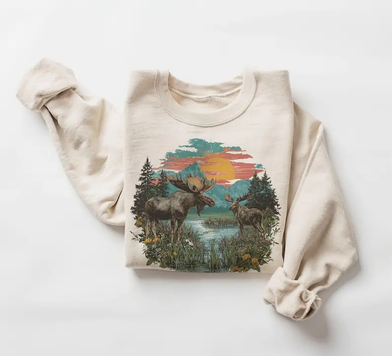 Retro Bull Moose Summer Wildflower Scene Sweatshirt - 90s Moose Bog Wildlife - Summer Mountain Sunset - Unisex Graphic Crewneck Sweatshirt, Unisex Cotton Crewneck Sweatshirt Menswear Womenswear Streetwear Top